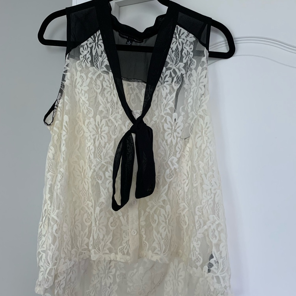 Cream and black, high low lace top with tie detail
